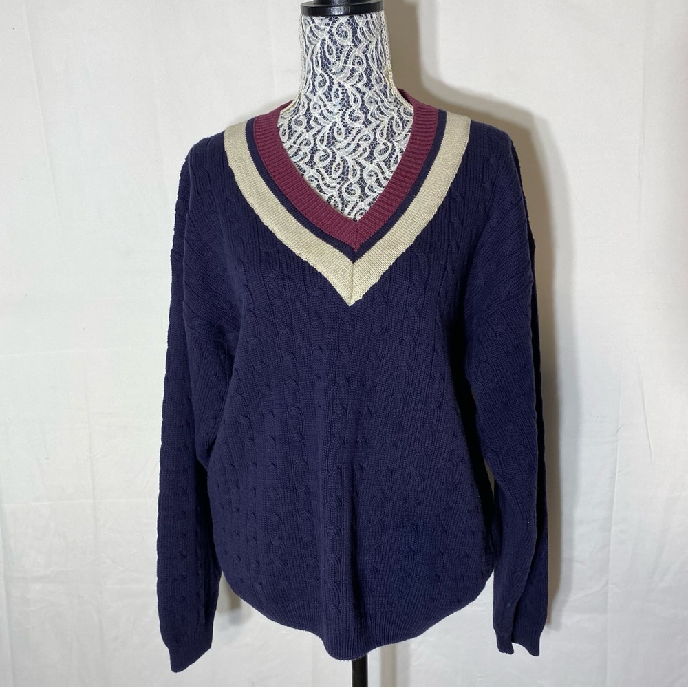 Vintage Christopher Rand Navy Burgundy Cream Cotton Cable Knit V Neck Sweater M